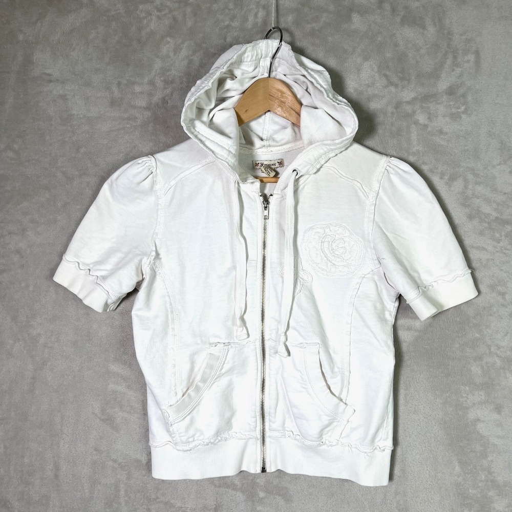 Vintage Forever 21 White Rose Applique Short Sleeve Zip S Hoodie Y2K Coquette